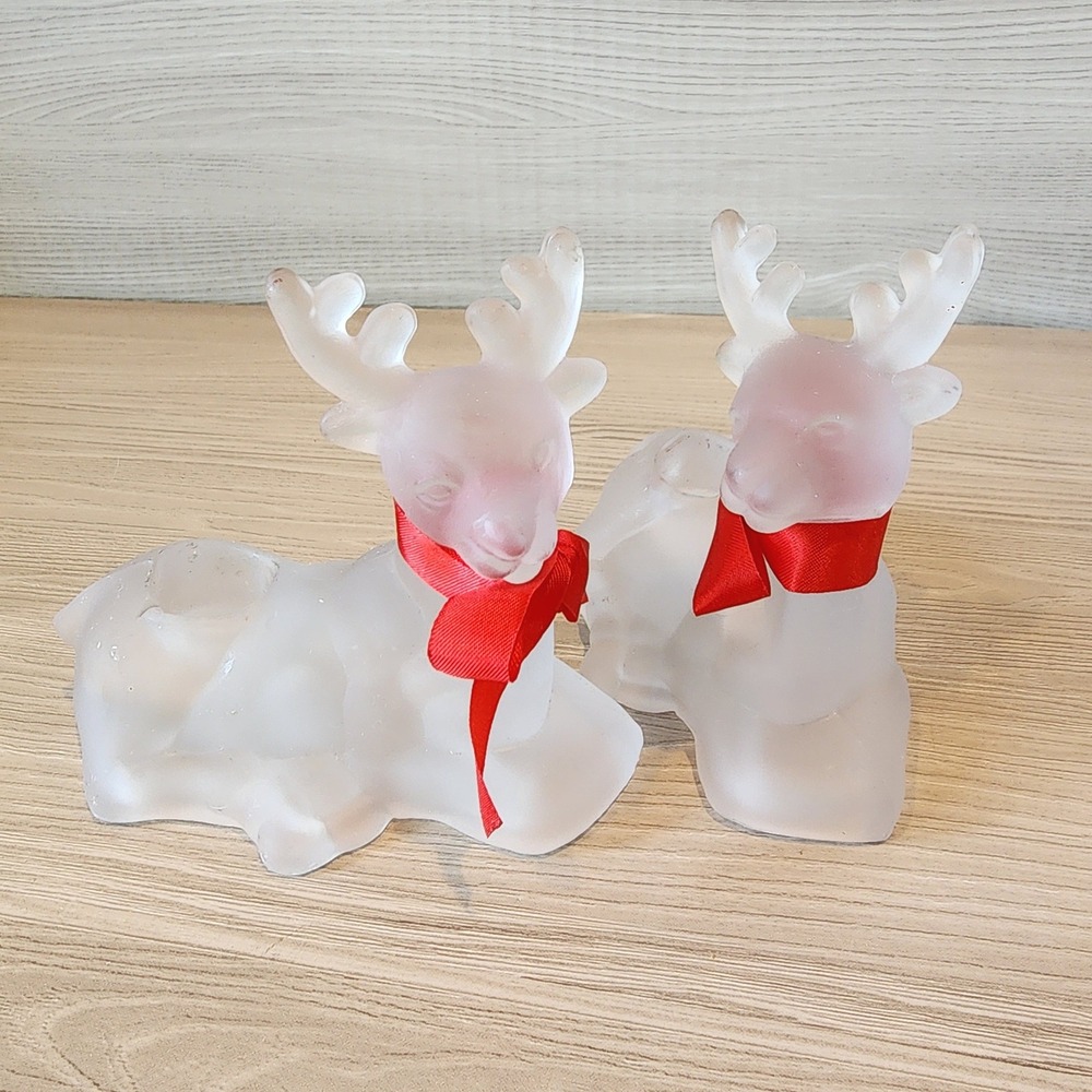 Vintage ROC 1980s Frosted Glass Reindeer Candle Holders Set of 2 Christmas Decor